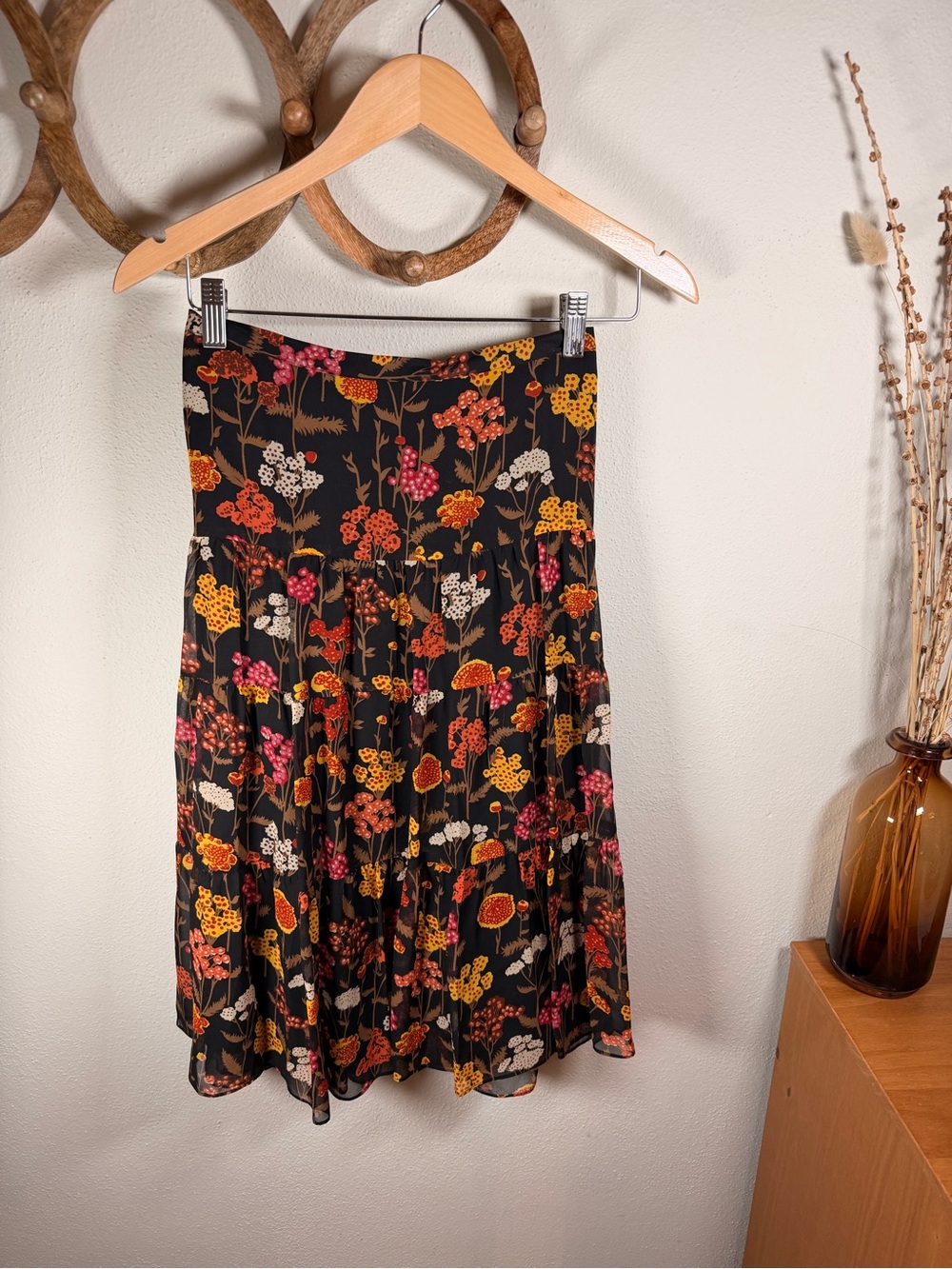 NWT Dorothée Bis 100% Silk Floral Tiered Midi Skirt Size 12